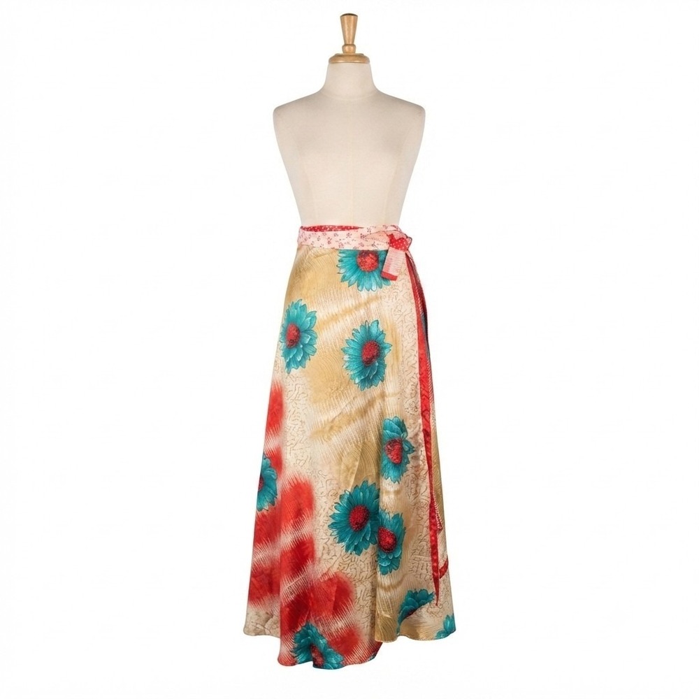 Recycled Silk Maxi Wrap Skirt Free Size Floral Reversible Gypsy Boho Festival